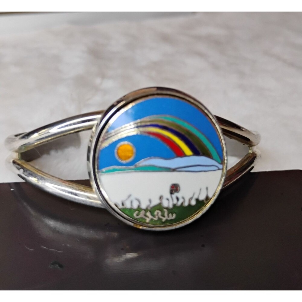 Vintage Signed Artisan Enamel Rainbow Cuff Bracelet Scenic Landscape Silver Tone